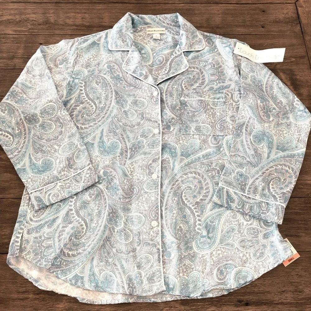 NWT Miss Elaine Blue Paisley Button Up Pajama Top